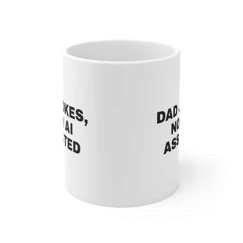 White mug printed with 'Dad jokes, now AI assisted'