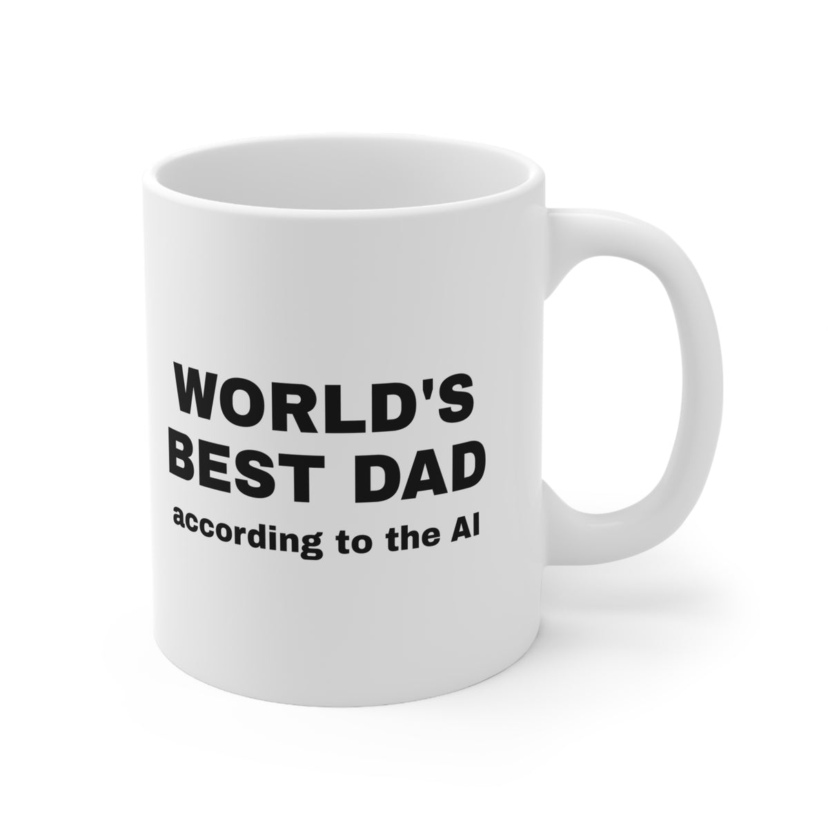 White mug printed with 'World's best dad, according to the AI'